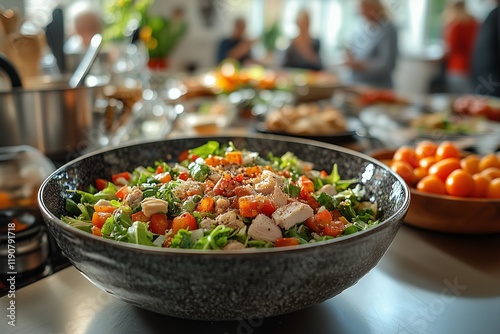 Wallpaper Mural a bowl filled with salad on an elegant dinner table with blurred people enjoying delicious food and wine in the background Torontodigital.ca