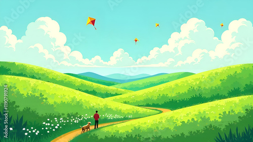 Relaxing hand drawn PC wallpaper design. A person strolls leisurely with a dog beneath joyful kites flying in a lively, vibrant green landscape