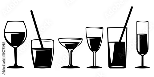 Set of Wine Glasses Silhouettes. Vector cliparts isolated on white.