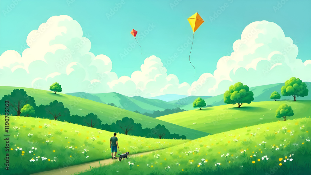 Relaxing hand drawn PC wallpaper design. A person strolls leisurely with a dog beneath joyful kites flying in a lively, vibrant green landscape