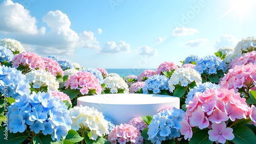 Spring floral background with cylindrical podium for promotion. Round stage for product sales presentation. Stage pedestal or platform in blooming colors between lilac and pink flowers.