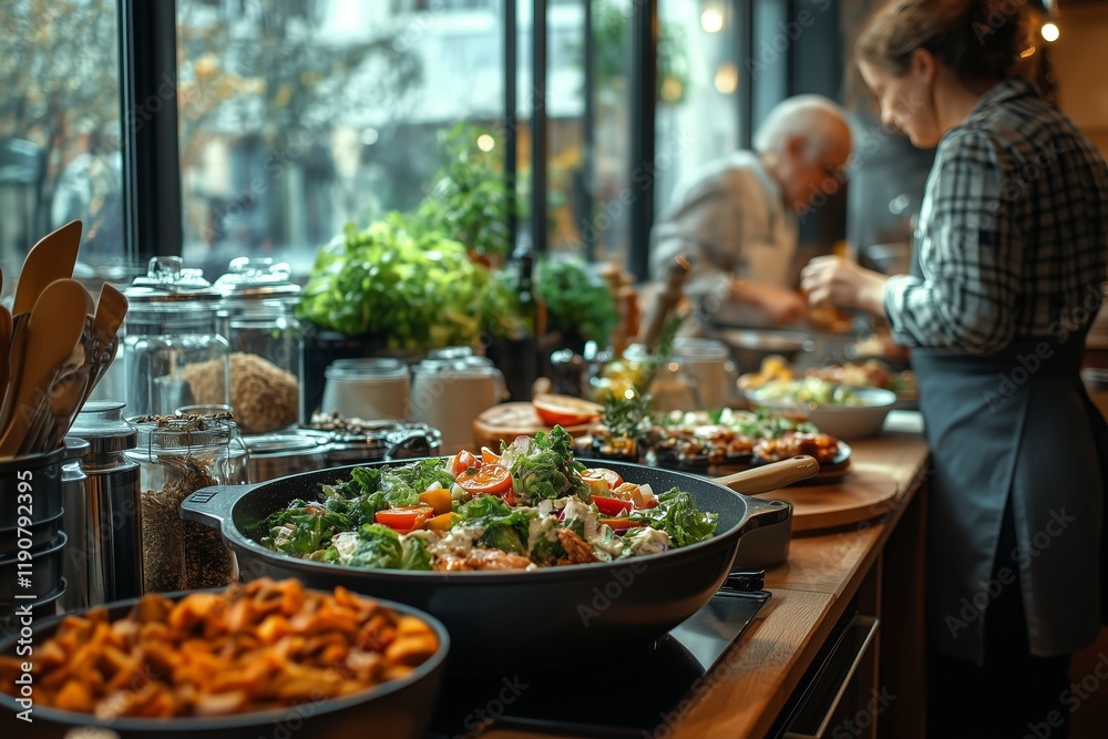 a bowl filled with salad on an elegant dinner table with blurred people enjoying delicious food and wine in the background a bowl filled with salad on an elegant dinner table with blurred people enjoying delicious food and wine in the background