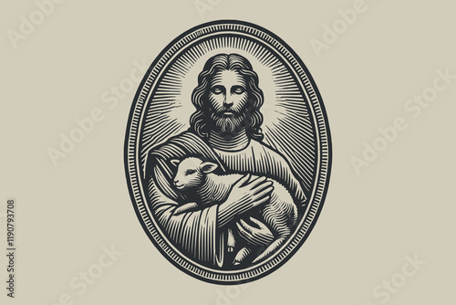 Antique style oval emblem of Jesus with a lamb, black and white engraving