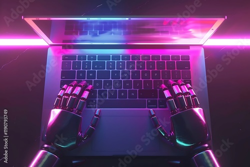 Futuristic Robot Hands Typing on Laptop with Neon Lights Effect