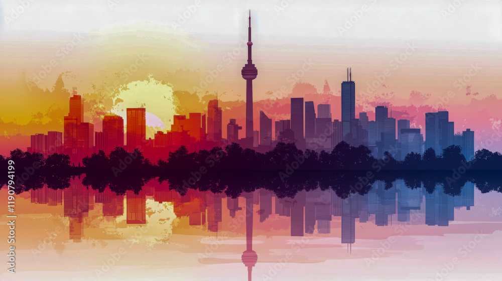 Obraz premium Sunset over the city skyline with reflective waters and towering buildings during twilight hours