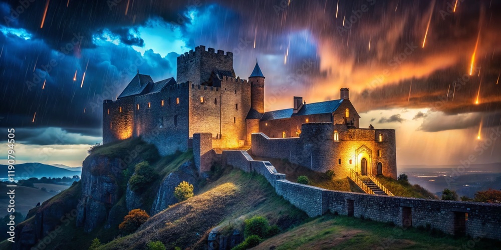 Fototapeta premium Stormy Night at Ancient Castle: Dramatic Documentary Photography