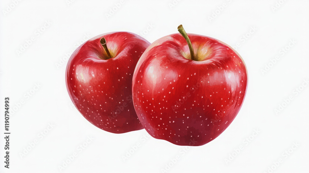 pair of realistic shiny red apples in digital painting close-up illustration on white background pair of realistic shiny red apples in digital painting close-up illustration on white background