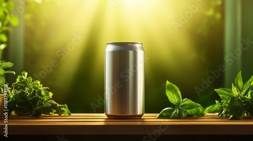 Aluminum Can Mockup with Herbal Surroundings. Generative AI photo