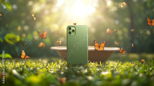 Elegant phone case in a natural garden setting with butterflies. Generative AI photo