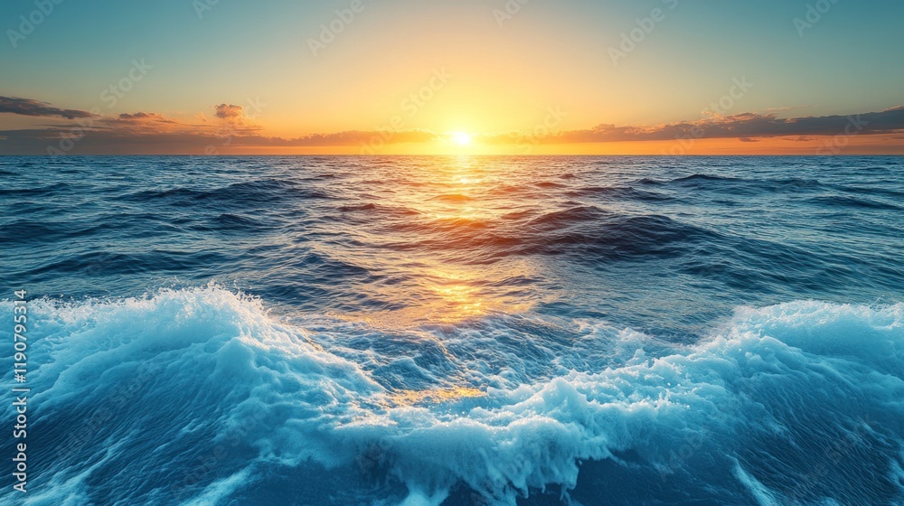 Naklejka premium Vibrant sunset over a vast ocean with waves.
