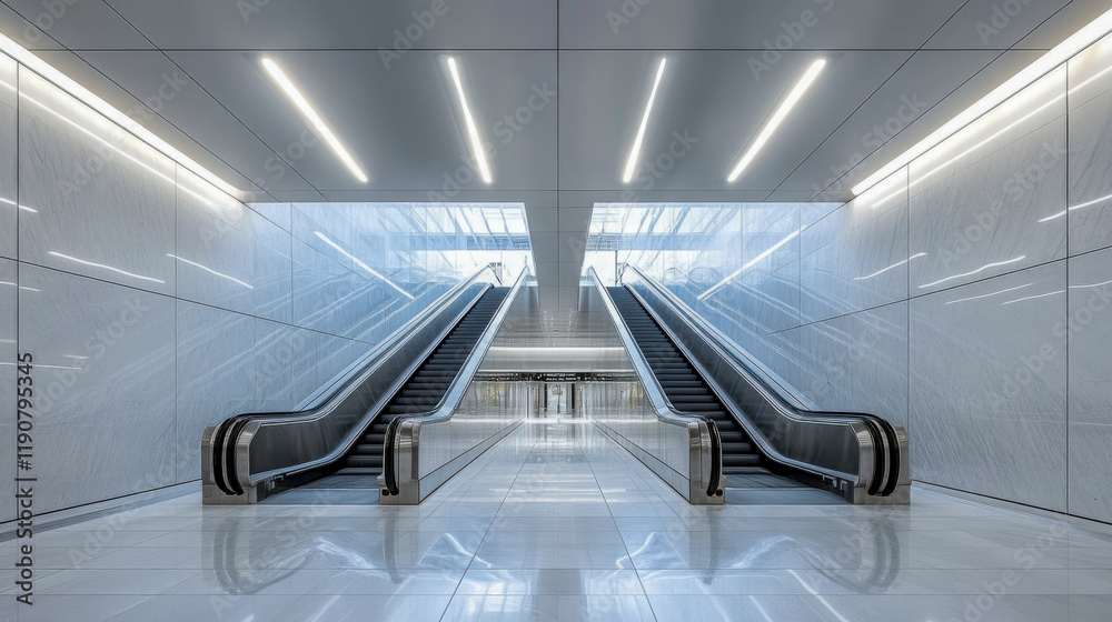 Obraz premium Modern escalators in a sleek, white corridor of a contemporary building during daytime