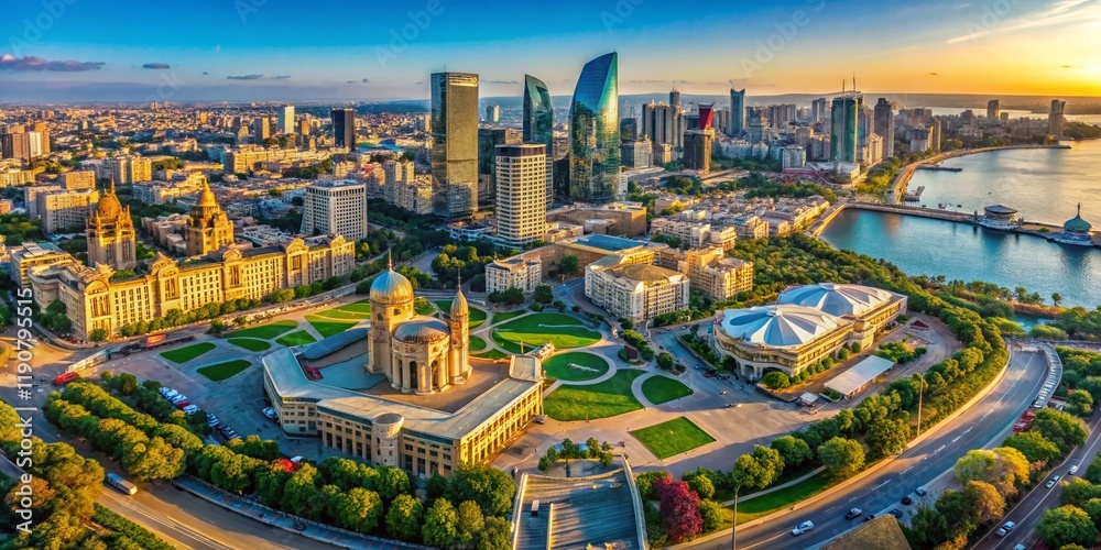Fototapeta premium Stunning Aerial Drone Shot of Baku, Azerbaijan Capital City