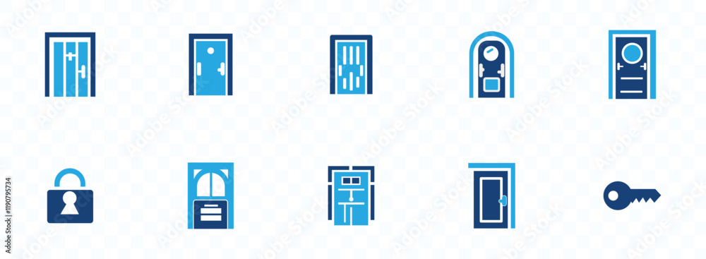 Door icon set. Containing enter, exit, doorbell, knock, open door, home, closed door, pull and push symbol. Door icon set. Containing enter, exit, doorbell, knock, open door, home, closed door, pull and push symbol.