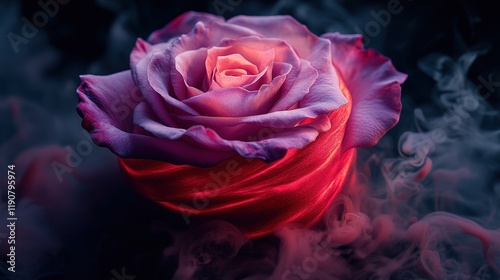 Pink rose surrounded by swirling smoke on a dark background creating a mysterious atmosphere valentine day