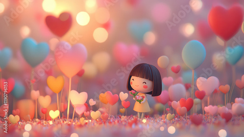 Flowers with cute girl 3d cartoon