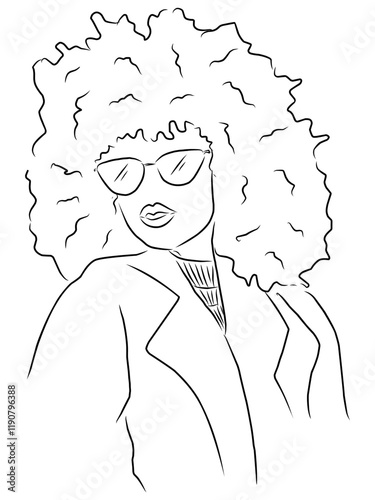 Vector illustration of line drawing of a woman posing with curly hair and sun glasses. Outline sketch of a girl wearing blazer looking at her right. 