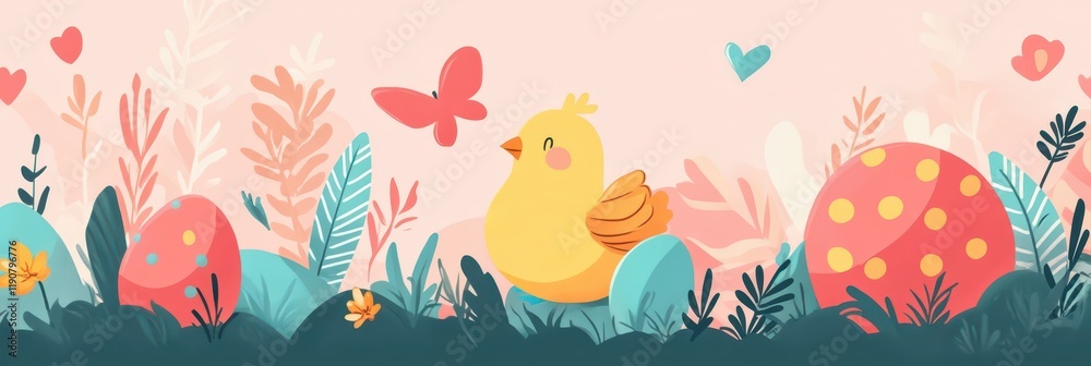 Charming easter scene with chick and decorated eggs in spring garden setting Charming easter scene with chick and decorated eggs in spring garden setting