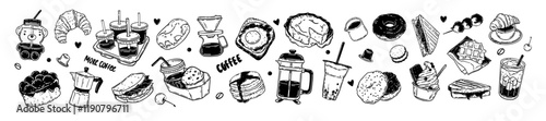 Breakfast doodle icon set, vector hand drawn coffee illustration, morning sandwich, latte beverage. Cartoon tasty food cafe object design healthy lunch take away menu, pancakes. Breakfast doodle print
