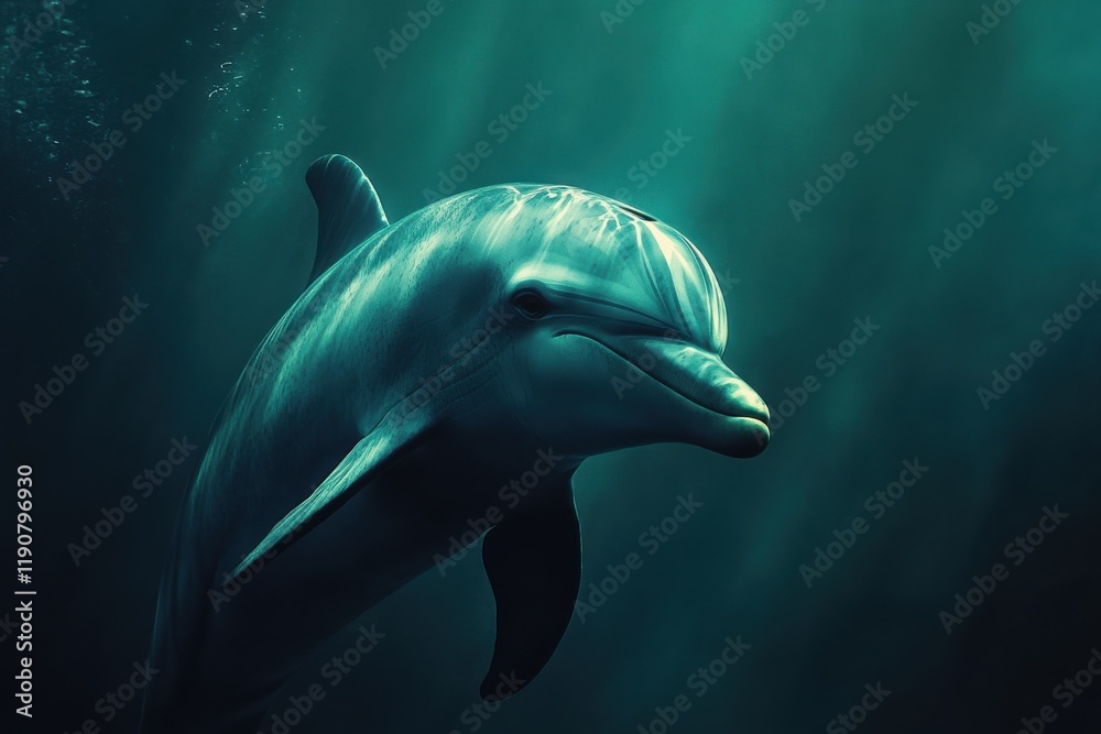 Fototapeta premium Curious dolphin and diver in dramatic underwater portrait scene