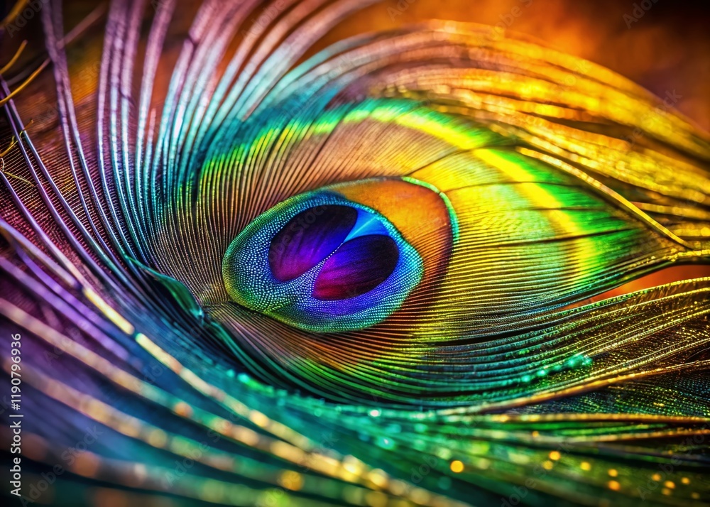 Naklejka premium Stunning Close-up of a Peacock Feather, Vivid Jewel Tones, Detailed Texture