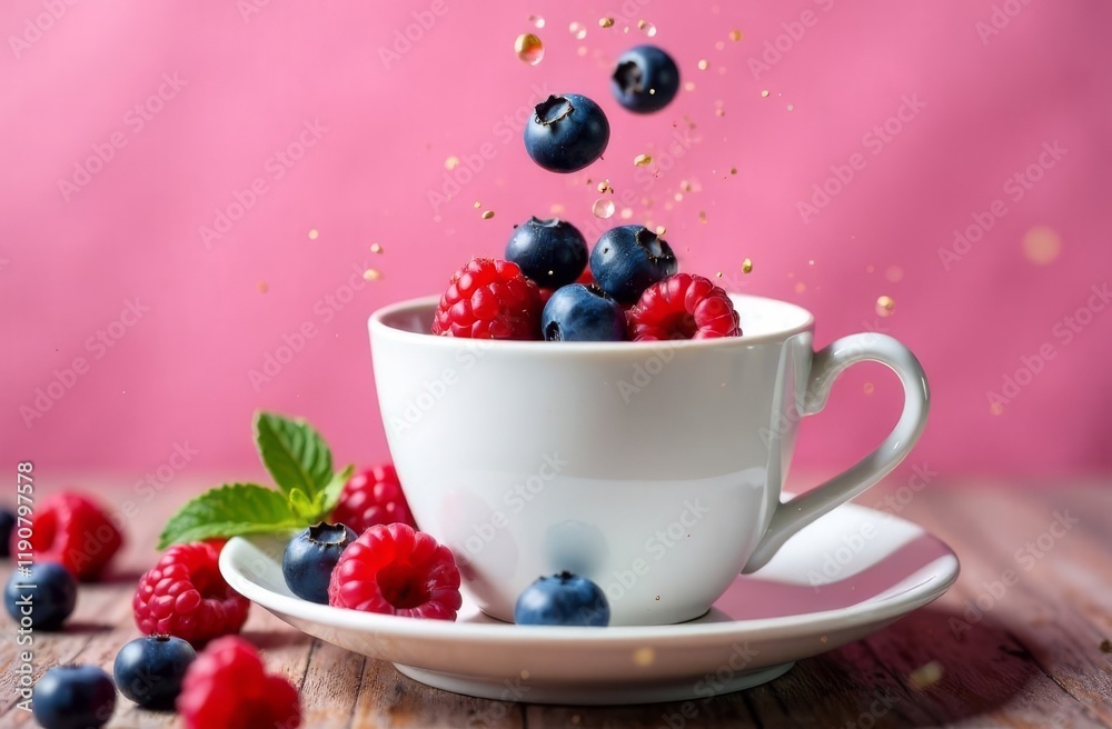 Fragrant tea with blueberries, raspberries and strawberries in a white cup on a pink background Fragrant tea with blueberries, raspberries and strawberries in a white cup on a pink background