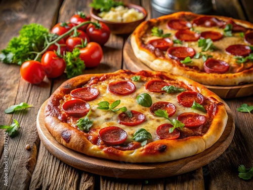 Homemade Pepperoni Pizza on Kitchen Counter - Aerial Drone Shot photo