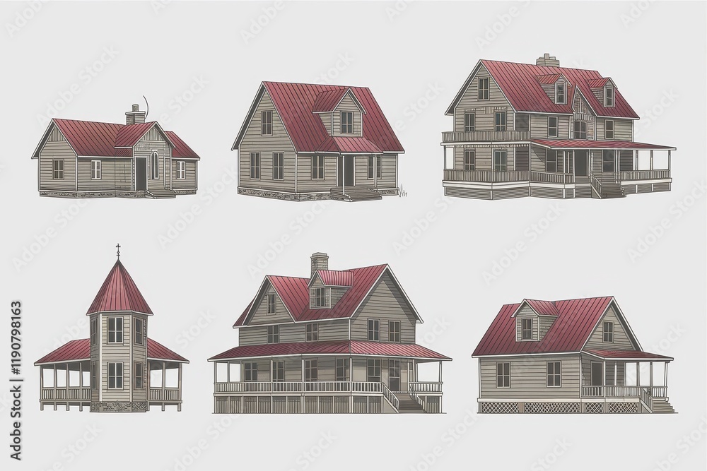 Collection of Six Architectural House Designs with Red Roofs Collection of Six Architectural House Designs with Red Roofs