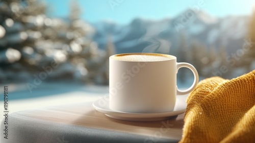 Cozy Alpine Coffee Cup Scene with Snowy Mountain Lodge. Generative AI photo