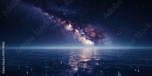 Starlit Ocean Horizon at Night - A serene night scene depicting a tranquil ocean under a star-filled sky with the Milky Way visible, perfect for use in nature or astronomy-themed projects.