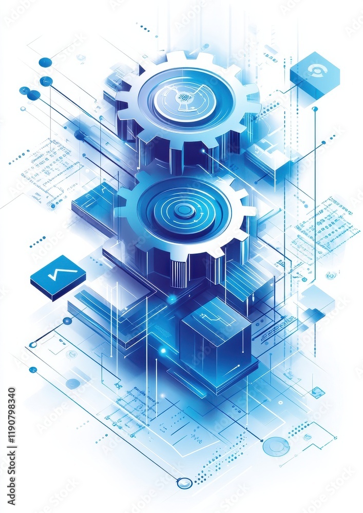Fototapeta premium Isometric illustration of abstract gears representing digital technology and innovation
