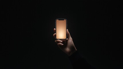 A hand holding a cell phone with a black background