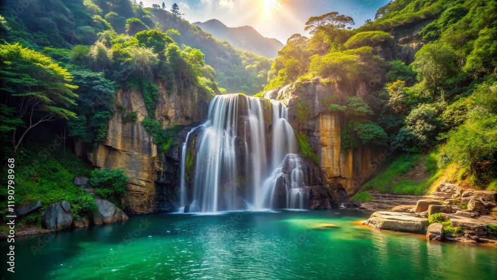 Fototapeta premium Hong Kong Waterfall Bay: Dramatic Cliffside Waterfall, Stunning Coastal Scenery