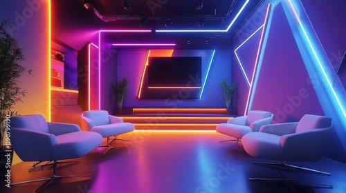 Modern studio interior with vibrant neon lighting and stylish furnishings photo