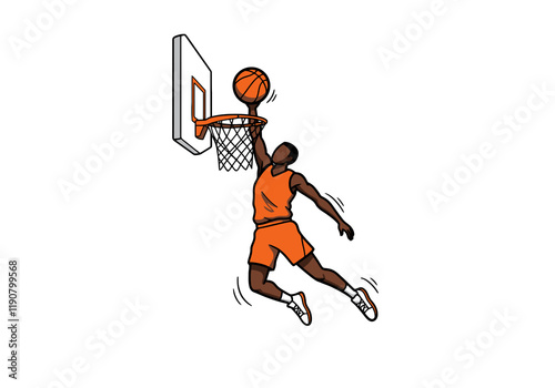 Basketball slam dunk clip art. A basketball player in mid-air performing a slam dunk, capturing the dynamic motion and athleticism. photo