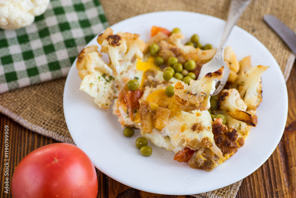 fried omelette with cauliflower and vegetables in a plate fried omelette with cauliflower and vegetables in a plate