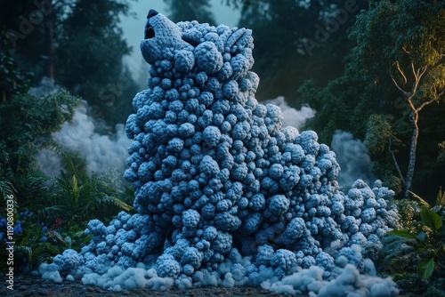 Artistic Bear Sculpture Surrounded by Misty Forest Atmosphere and Lush Greenery photo