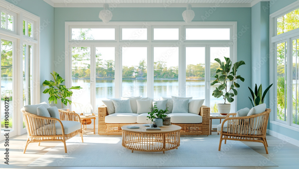 Fototapeta premium Coastal Living Room with Light Blue Walls and Water Views