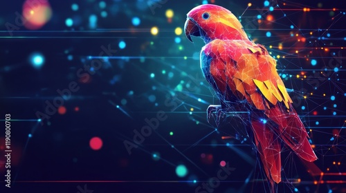 Vivid polygonal parrot perched on branch, digital art.