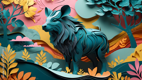 Papercraft African wild dog in vibrant landscape photo