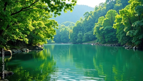 A serene forest landscape graces your eyes, where a rippling teal lake glistens under dappled sunlight amidst towering green canopies. Birds flit above, adding life to this tranquil setting