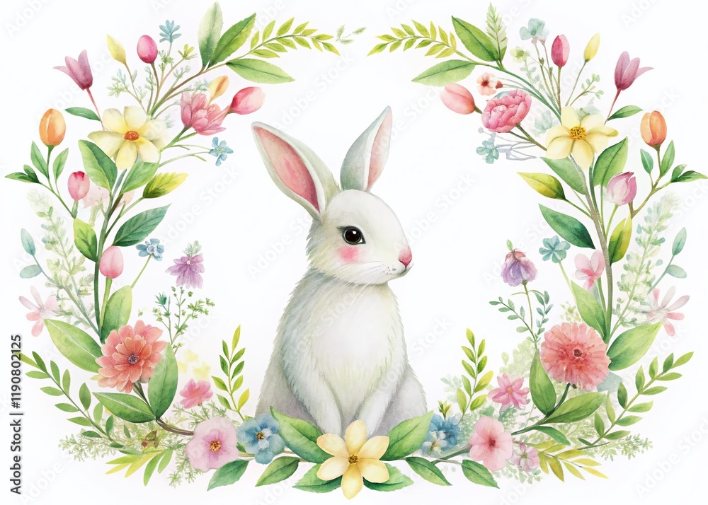 Subtle Floral Easter Bunny Frame: White Canvas Spring Decor Stock Photo Subtle Floral Easter Bunny Frame: White Canvas Spring Decor Stock Photo