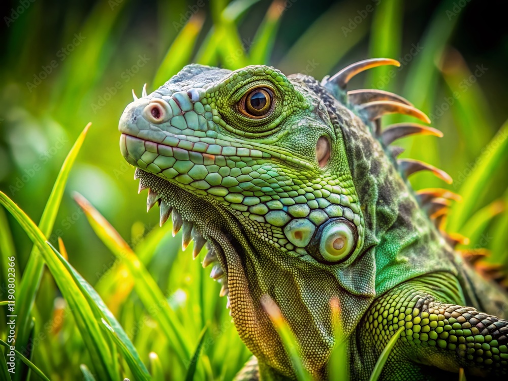 Obraz premium Iguana Walking in Grass, Sharp Claws, Wildlife Documentary Style