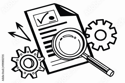 Black and white icon, document symbol, magnifying glass, gear icon, technical inspection, search functionality, system settings, file analysis, simplified design, high contrast, vector graphic style, 