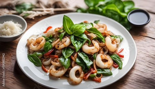 Stir fried Squid and basil on white plate.Fried spicy basil leave with Soft Cuttlefish(Sepioteuthis lessoniana).Thai food
 photo