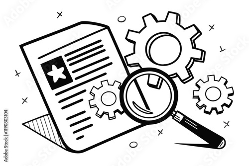 Black and white icon, document symbol, magnifying glass, gear icon, technical inspection, search functionality, system settings, file analysis, simplified design, high contrast, vector graphic style, 