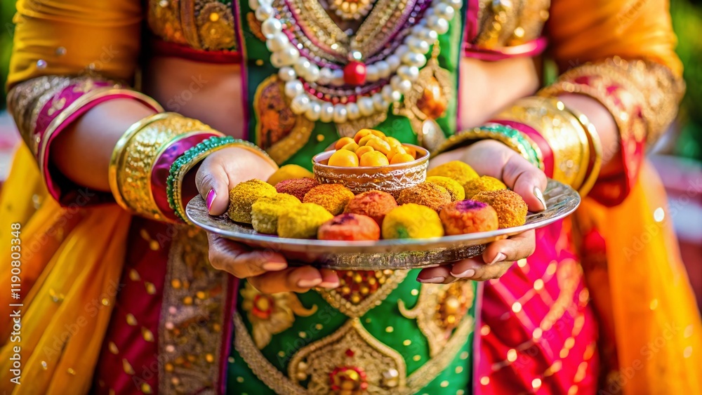 Fototapeta premium Indian Bride's Henna-Decorated Hands Holding Traditional Wedding Sweets