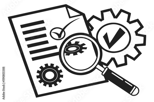 Black and white icon, document symbol, magnifying glass, gear icon, technical inspection, search functionality, system settings, file analysis, simplified design, high contrast, vector graphic style, 