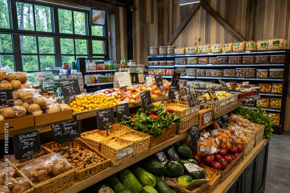Fototapeta premium Grocery aisle filled with various snacks and cereals on display in a well-organized market during daylight hours