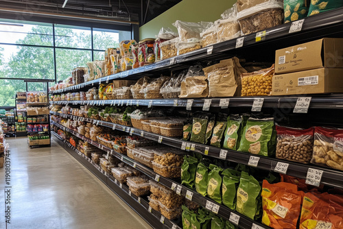 Grocery aisle filled with various snacks and cereals on display in a well-organized market during daylight hours