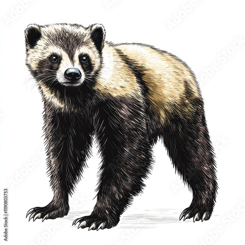 Young Japanese raccoon dog standing, white background, wildlife illustration, children's book